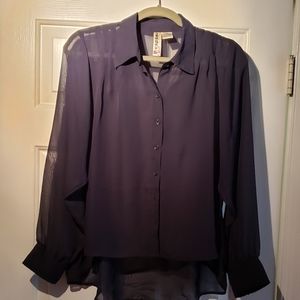 Sheer, navy blue, collared shirt. Size L